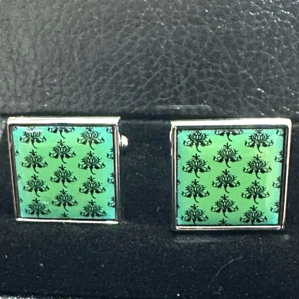 Victorian Damask Cufflinks – Silver-Tone with Teal Green